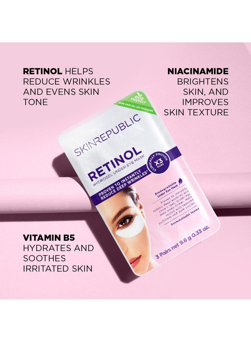SKIN REPUBLIC Retinol Hydrogel Under Eye Patches (3 Pairs) – Under Eye Masks with Niacinamide & Vitamin B5, Reduces Wrinkles, Crow’s Feet, Puffiness & Dark Circles, Hydrates, Brightens & Soothes Skin - Image 3